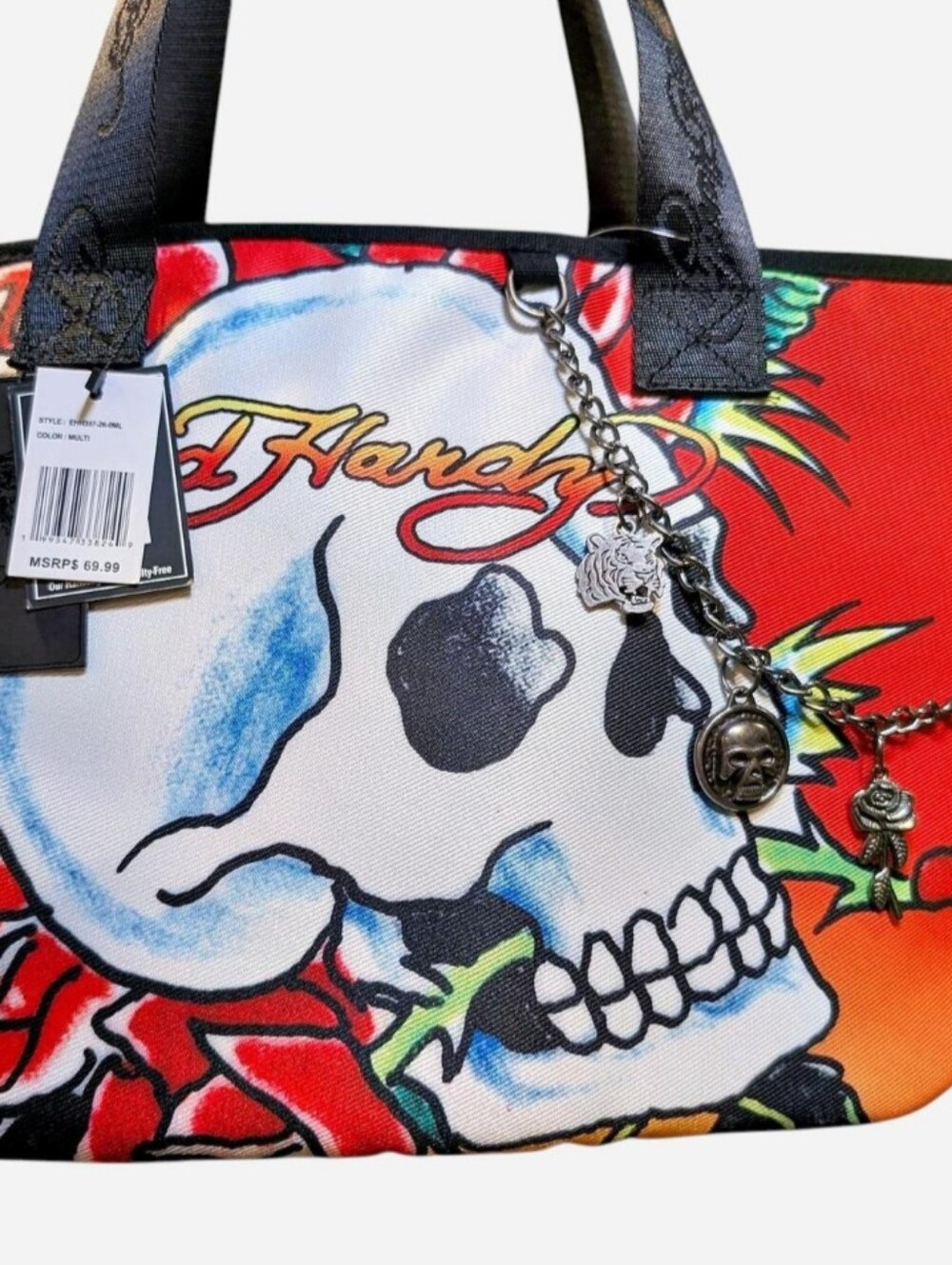Ed Hardy Red Orange Skull & Rose Tote with Black Straps - Picture 2 of 6